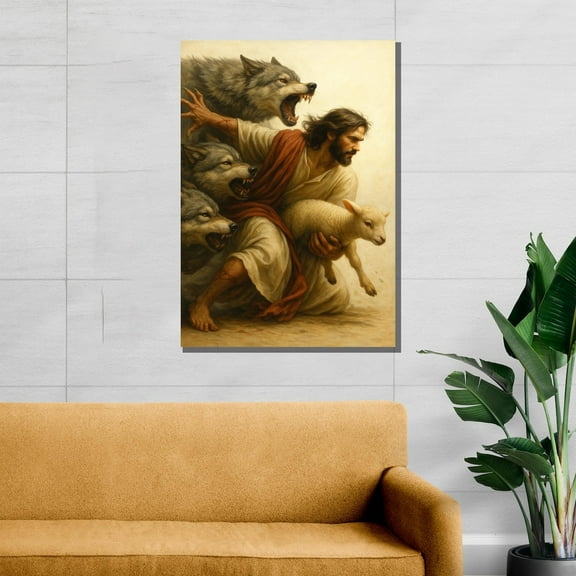 Velto Divine Protection In Danger – Christian Canvas, Jesus Saving Lamb Art, Gift For Faith And Spiritual Decor Canvas, 8x10 0.75-Inch Pine Wood Frame