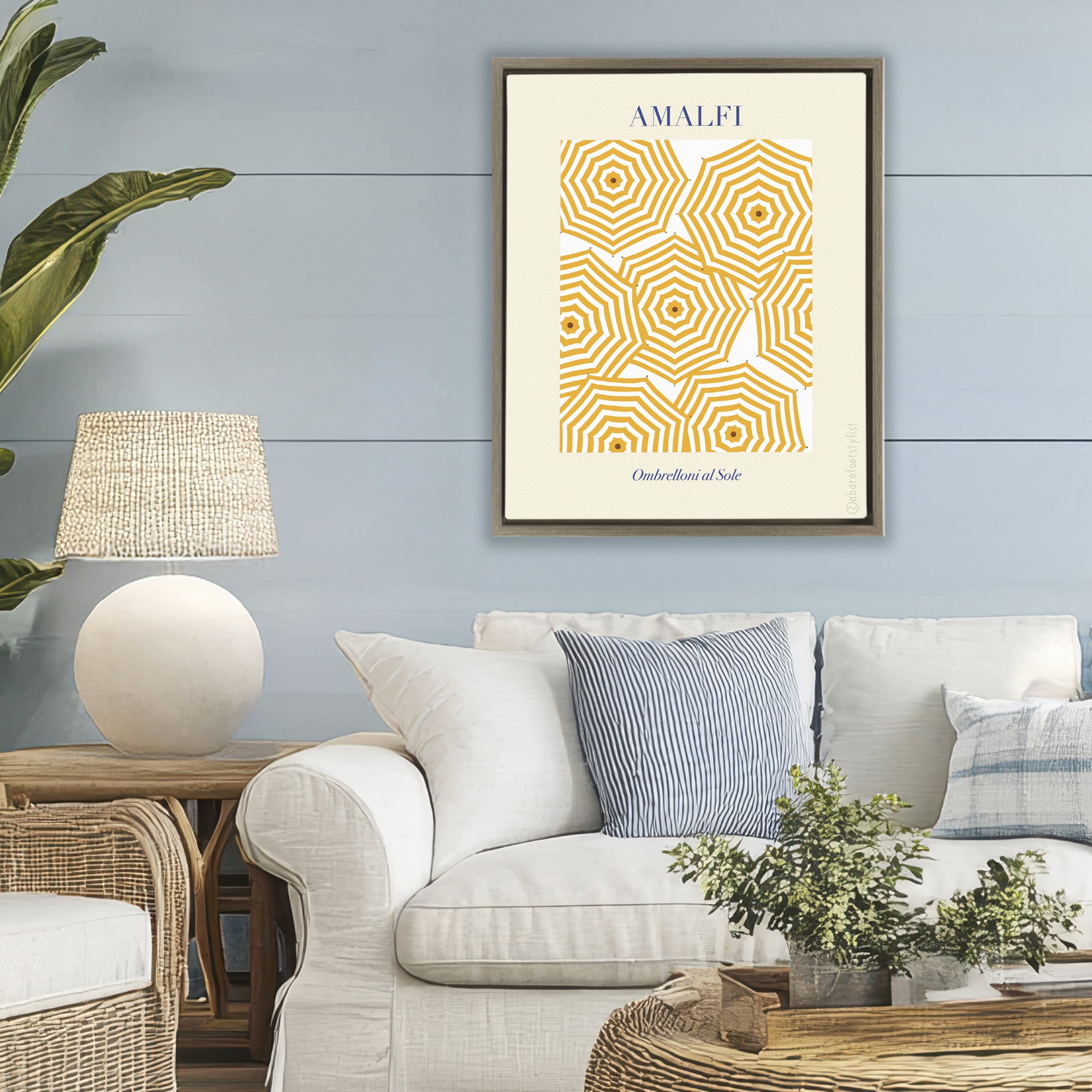 Stupell Industries Yellow Amalfi Umbrellas Brown Framed Floater Canvas Wall Art, design by A Barefoot Stylist