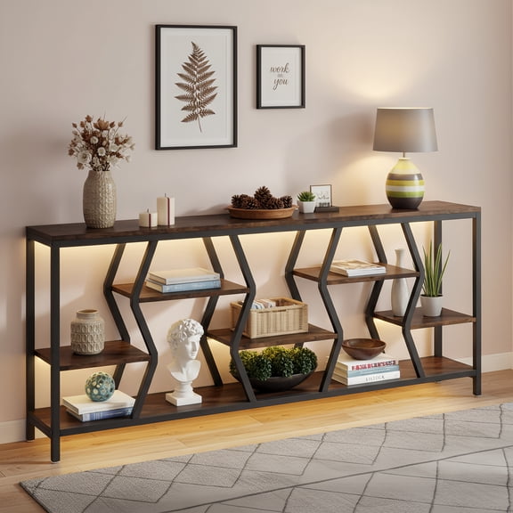 70.9-Inch Industrial 4-Tier Sofa Console Table, Extra Long Narrow Entryway Accent Table With Wood Storage Shelves For Hallway Living Room Foyer (Rustic Brown)