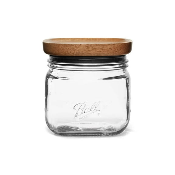 Ball 4 Cup Stack & Store Glass Jar with Acacia Wood Lid – Airtight Wide Mouth Glass Storage Container for Pantry, Kitchen, and Countertop Organization