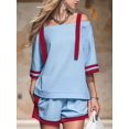 thumbnail image 6 of Women Color Block Off Shoulder Short Sleeve Top and Drawstring Shorts 2 Piece Outfit Set M, 6 of 9