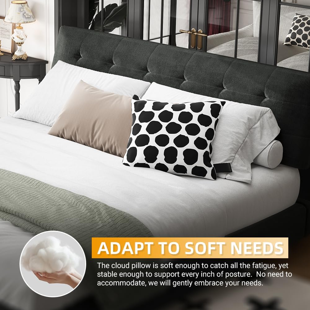 King Size Platform Bed Frame, Upholstered Chenille Tufted Headboard, Heavy Duty Metal, Wood Slat Support, Mattress Foundation, No Box Spring Needed, Noise-Free, Easy Assembly, Bedroom, Black