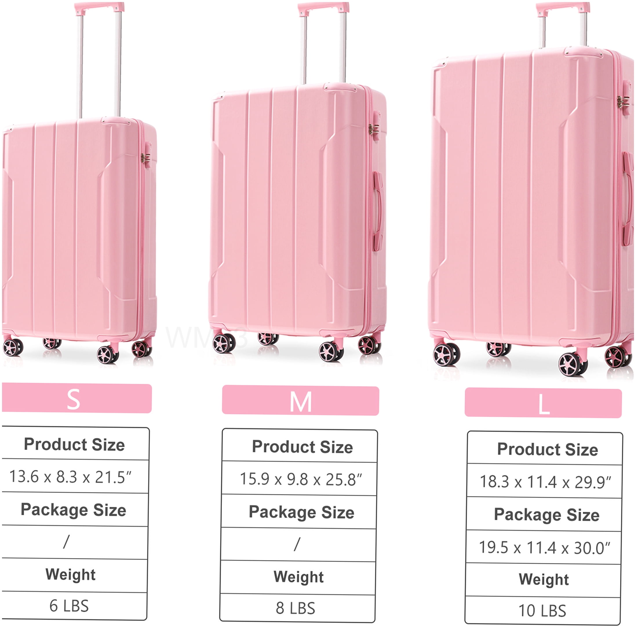 Pink Lightweight ABS Suitcase Set of 3, 20/24/28 Inch Hardshell Luggage with 8 Spinner Wheels
