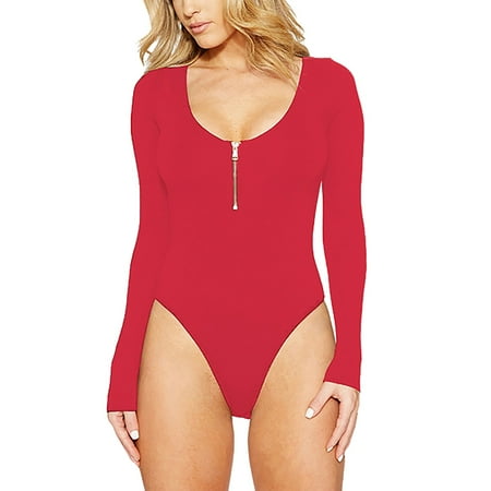 

One Piece Jumpsuits For Women Solid Color Long Sleeve Open Crotch Bodysuit Zipper Bottom Bodysuits Romper Red L