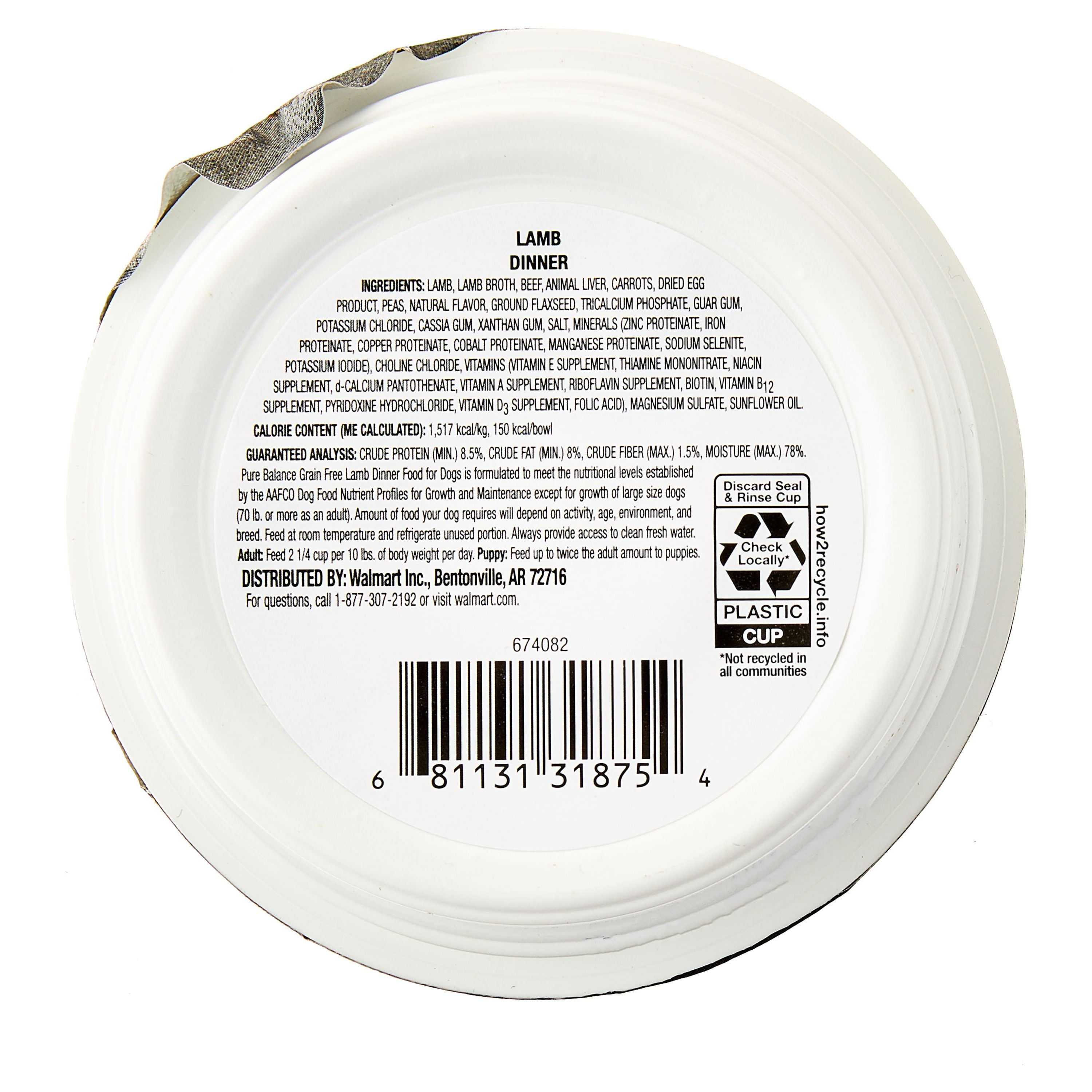 (24 pack) Pure Balance Lamb Flavor Pate Wet Dog Food Grain-Free 3.5oz Cup