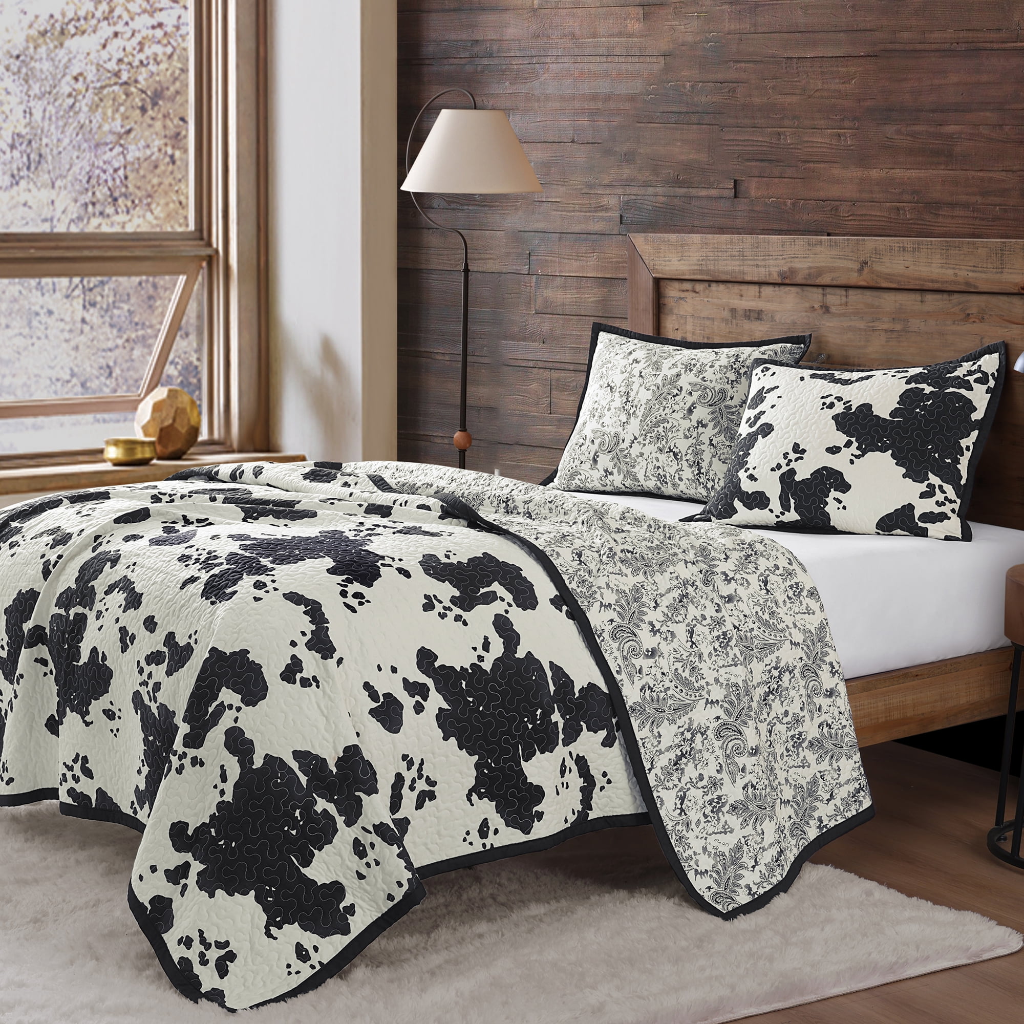 Indigo Hill Clara Cowhide 3 Piece Black Cow Print Reversible Cotton Quilt Set, Western Bedding, Full/Queen