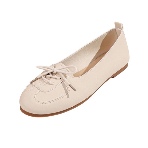 Gpaecead Women's Lace Up Ballet Flats Round Toe Slip On Cushioned Comfortable Faux Leather Flat Shoes For Work, Office And Casual Beige