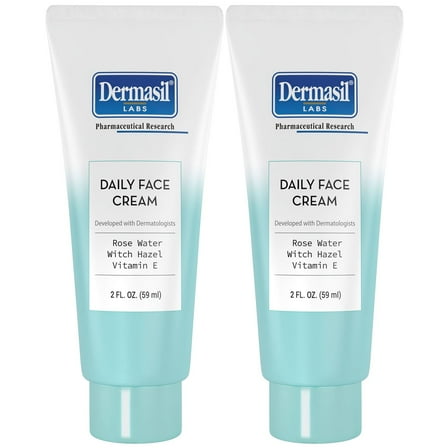 Dermasil Daily Face Cream, Fragrance-Free, 2-Pack, Lightweight Moisturizer with Hyaluronic Acid, Rose Water & Witch Hazel, 2 Oz Ea