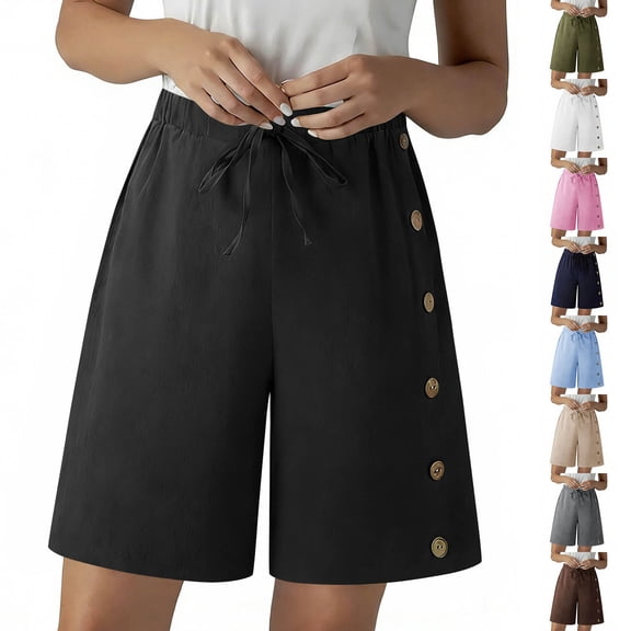CFLVAEK Womens Shorts Knee Length Wide Leg Button Shorts Dressy Casual Drawstring High Waisted Clothes Army Green S