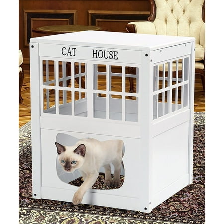 Hiding Box - Cat Litter Box Cover Hide -Night Stand Side Table- White Wooden Pet House Bed New