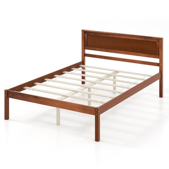 Infans Full Size Wooden Platform Bed Frame with Headboard Mattress Foundation Walnut