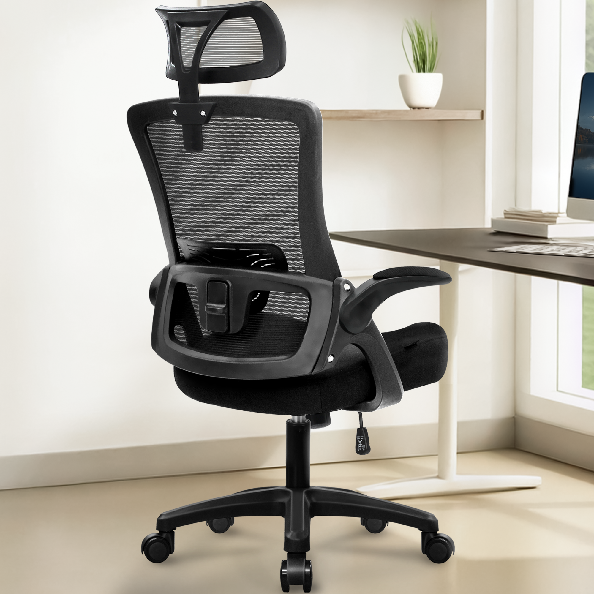 CELTOSS Ergonomic Office Chair, High Back Flip-Up Armrests Design, Adjustable Mesh Headrest and Lumbar Support, Black