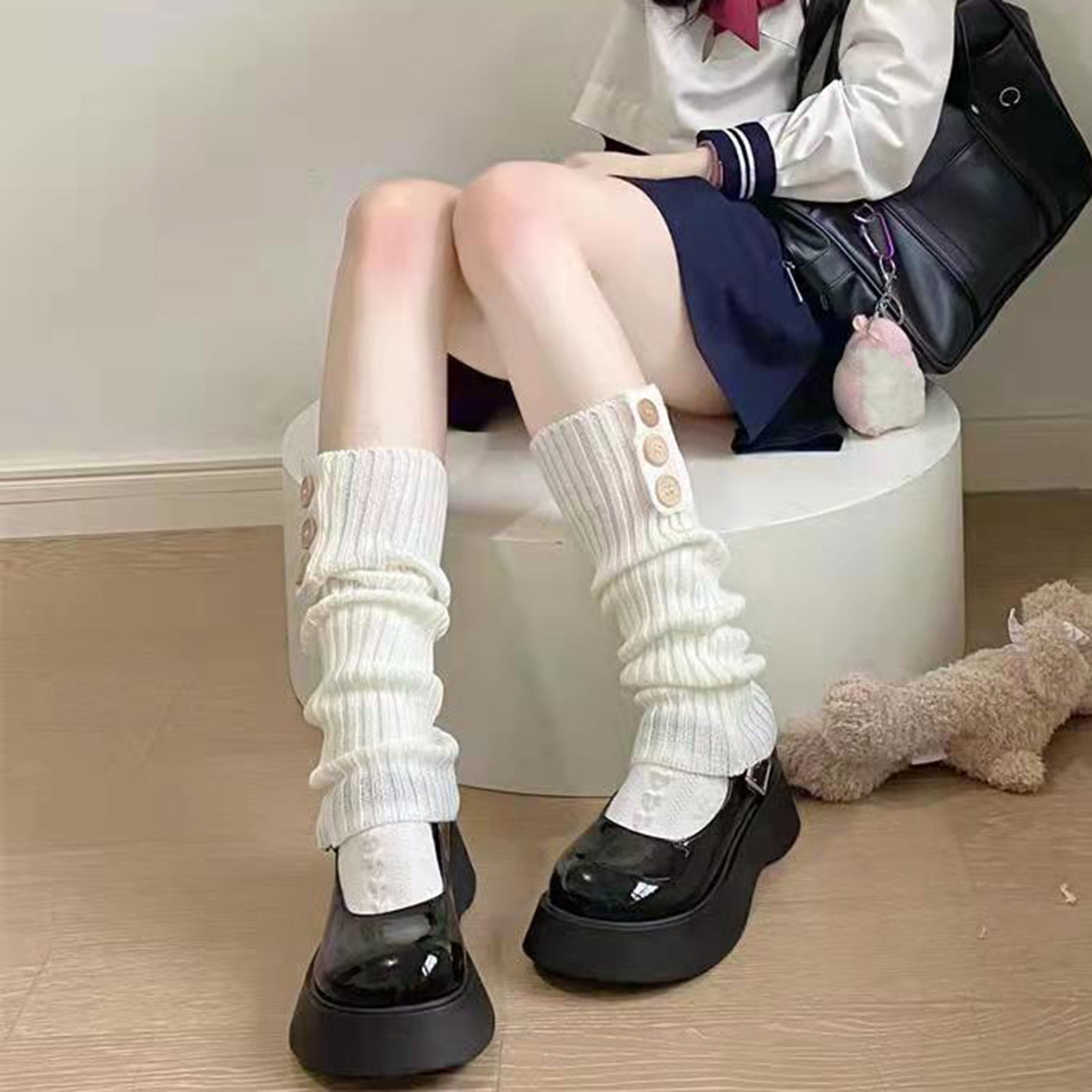 Trayknick 1 Pair Leg Warmers Buttons Knitting Solid Color Decoration Japan Style Stretchy Leg Socks for Daily Wear Walmart