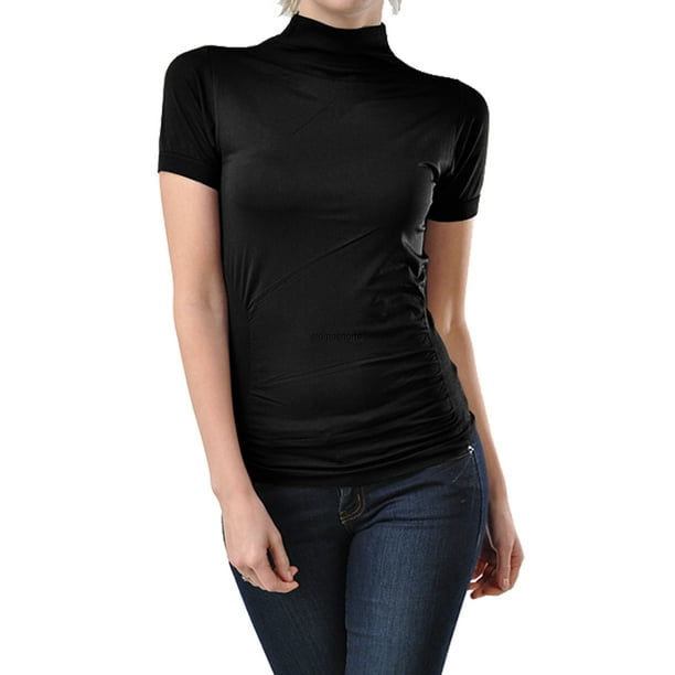 Kuda Moda Women Seamless Short Sleeve Mock Neck Turtleneck Blouse Top Stretch Tee Shirts Walmart Com Walmart Com