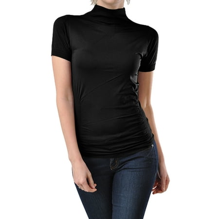 Women Seamless Short Sleeve Mock Neck Turtleneck Blouse Top Stretch Tee (Best Way To Stretch Neck)