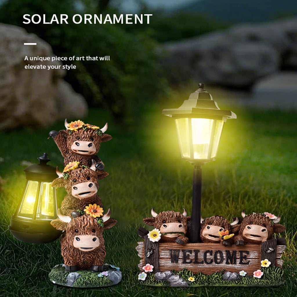 Highlands Cattle Figure Solar Light Garden Statue Resin Yard Art For Patios Use