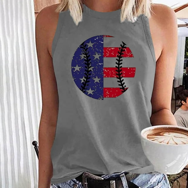 Womens Fashion Printed Round-Neck Loose Sleeveless T-shirt Pullover Tops