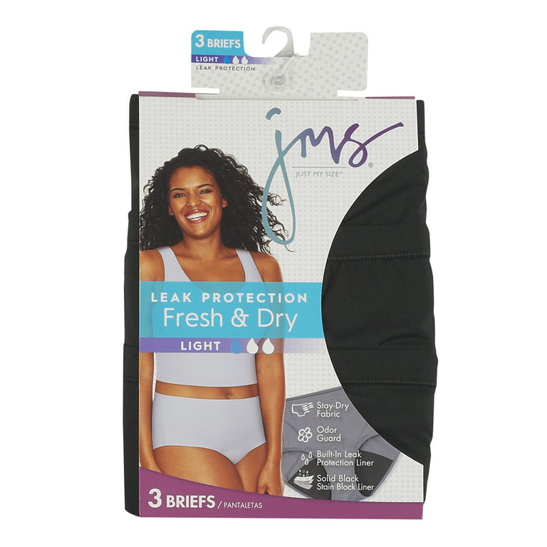 Just My Size JMS Fresh & Dry Briefs Period Underwear, Light Leaks, Black,  3-Pack 12 Women's
