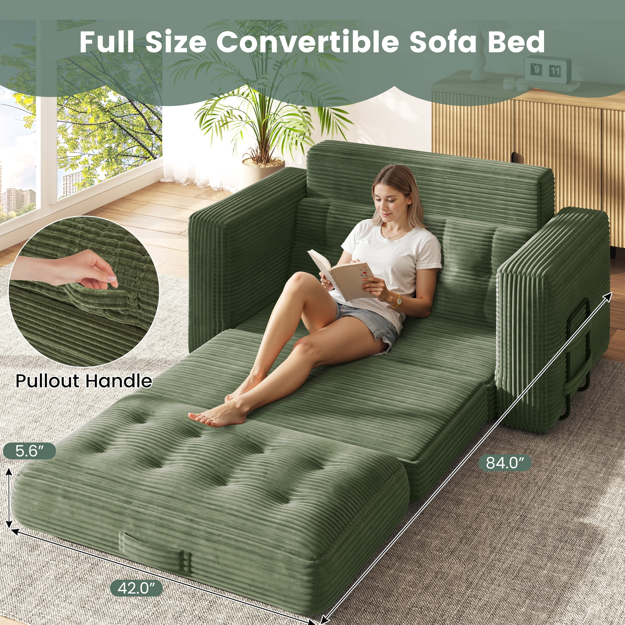 Erinnyees 2-in-1 Sleeper Sofa, No Assembly Corduroy Loveseat, Converts to Bed with Deep Seat & 2 Included Pillows