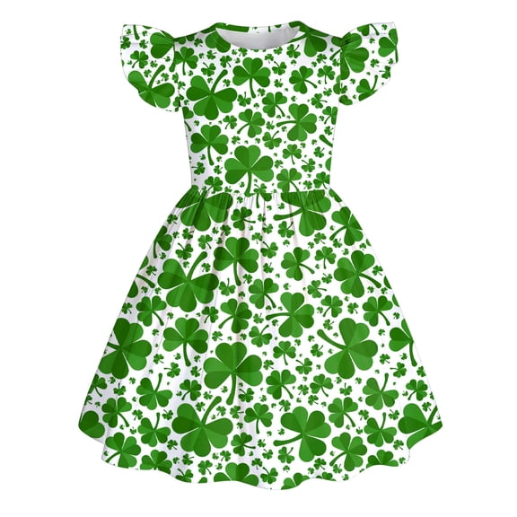 XAOFW Girl's Dresses St. Patrick'S Day Print Fly Sleeves Crewneck Pleated Dress Dance Party Soft Loose Fit Sundresses