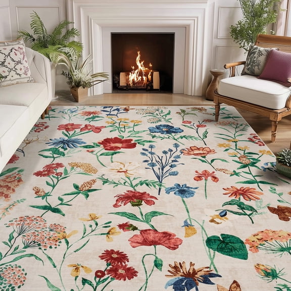 EcoSummer 8x10 Area Rug Floral Washable Low Pile - Soft Non-Slip Vintage Carpet for Living Room, Bedroom, Kitchen, Beige Indoor Rug for Home Office