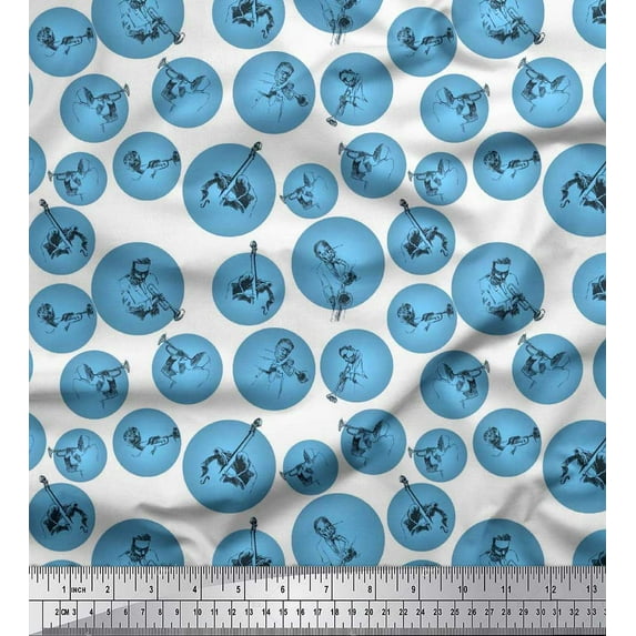 Soimoi Rayon Fabric Dot,Men & Trumpet Musical Instrument Decor Fabric Printed Yard 56 Inch Wide