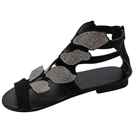 

Sandals for Women Dressy Women Gladiator Sandals Butterfly Flat Summer Strappy Crystal Open Toe Knee Flat Sandal