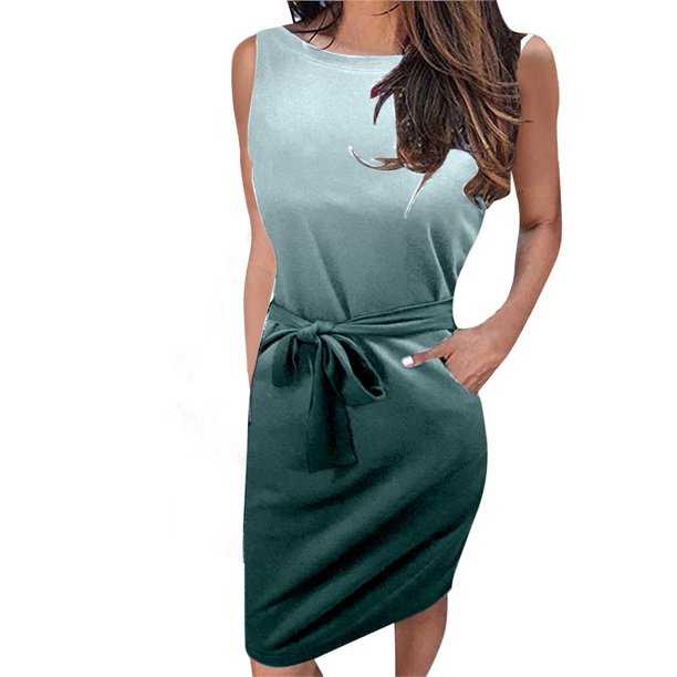 Vestido informal de verano con cuello redondo para mujer, vestido con estampado degradado, vestido sin mangas con bolsillo y corbata Pompotops ghjkhdj1700