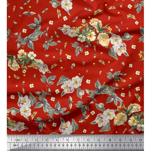 Soimoi Modal Satin Fabric Leaves,Moth & Magnolia Floral Printed Fabric 1 Yard 42 Inch Wide