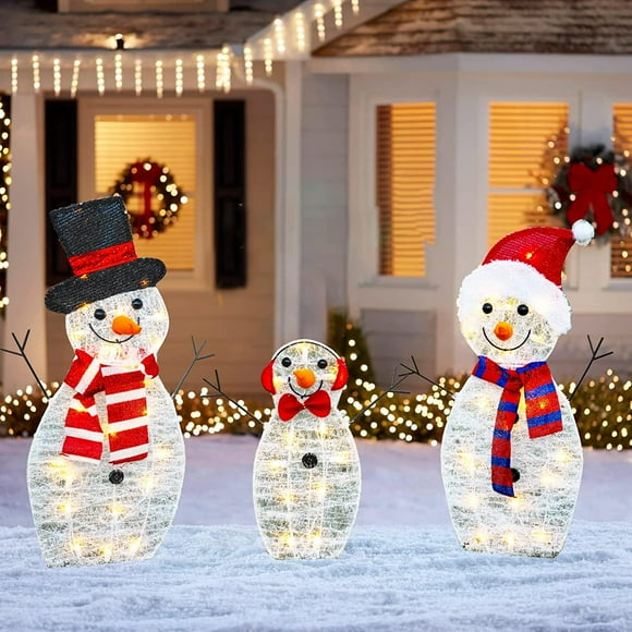 Hongchun Christmas Decoration 55 LED Lighted Snowman Family Outdoor, 3-Piece Waterproof Plug in 2D Snowman for Yard Patio Lawn Garden Party Decor (Warm White)