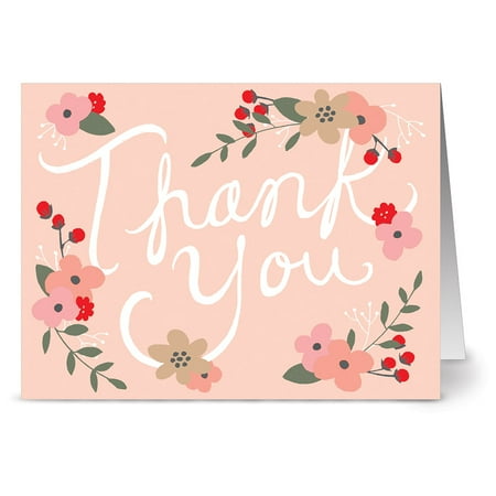 Florals Garden Note Card - 24 Thank You Note Cards - Floral Script - Blank Cards - Gray Envelopes Included