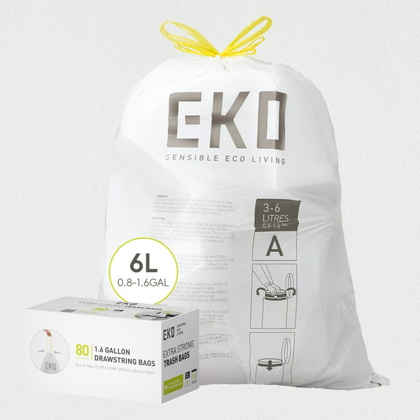 EKO Bolsas de Basura Tamaño A. 3-6 Litros. 80 unidades. Caja dosificación fácil. Compatible con bote de basura EKO, uso en cocina, doméstico, extrafuertes, con cordón