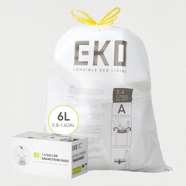 EKO Bolsas de Basura Tamaño A. 3-6 Litros. 80 unidades. Caja dosificación fácil. Compatible con bote de basura EKO, uso en cocina, doméstico, extrafuertes, con cordón