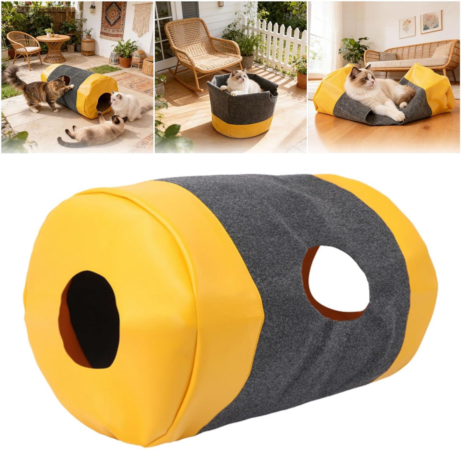 Foldable Cat Tunnel Bag, Interactive Pet Play Mat & Activity Center, Polyester & Leather Fabric Cat Toy with Storage for Indoor Cats (Yellow)