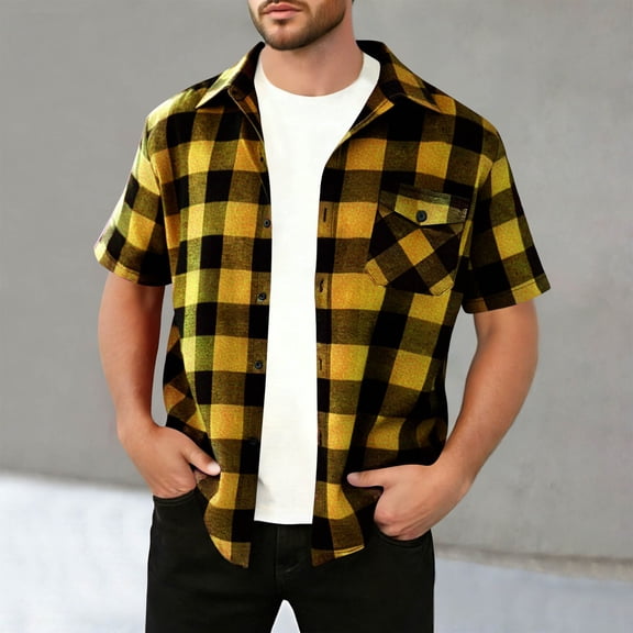 Kakii Men's Regular Fit Plaid Short Sleeve Button Down Casual Checkered Shirt