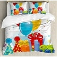 thumbnail image 3 of Birthday Duvet Cover Set Twin Size, Multicolor Slice of Strawberry Pie Party Set Up with Hats Balloons Presents Stars, Decorative 2 Piece Bedding Set with 1 Pillow Sham, Multicolor, by Ambesonne, 3 of 3