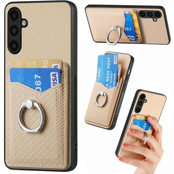 Carbon Fiber Patterned Case for Samsung A34 5G, Wallet case with [360°Rotation Ring Kickstand] Credit Card Holder,PU Leather Shockproof Cover Women Men for Samsung Galaxy A34 5G, Khaki
