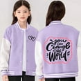 thumbnail image 2 of Boys Girls Color Block Varsity Jackets - Stylish Floral Print Letter Design Girls Cardigan Coat Warm Autumn Winter Baseball Jacket Outerwear for Children,Color:Light Purple,Size:8-10 Years, 2 of 5