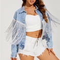 thumbnail image 6 of Women Crop Jean Jacket with Tassels Long Sleeve Ripped Vintage Fashion Fringed Short Denim Coat Fall Outwear (Large, Blue), 6 of 6
