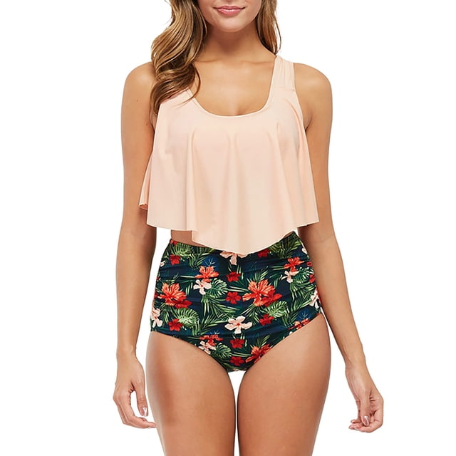 IDALL Bikini Sets Bathing Suit Women's High Waist Ruffle Bikini Set 2 Piece Two Piece Swimsuit High Waisted Bikini Sets Tummy Control Swimsuits Beige M
