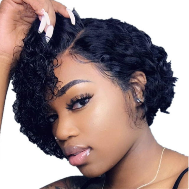 Peluca corta y rizada de cabello humano afro, peluca de moda para mujer con encaje frontal para fiesta de cosplay