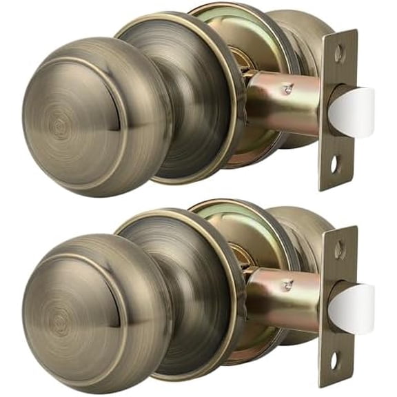 Interior Antique Brass Door Knobs, Passage Door Handles, Closet Door Knobs, No Lock Door Knobsets, Inside Door Handles, 2 Pack