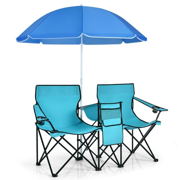 Costway Silla de Camping con Sombrilla Portátil y Plegable Doble Silla Taburete Tejido Oxford Mini Mesa Posavasos para Exterior Picnic Patio