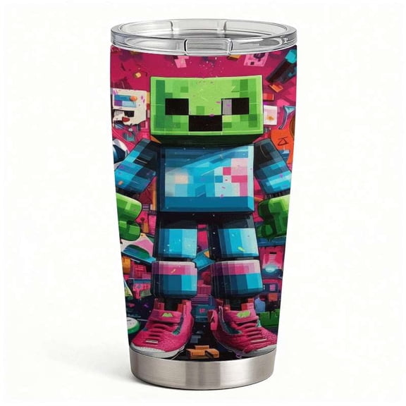 Pixel Block Character Water Cup with Lid, Colorful Game Style Stainless Steel Insulated Tumbler