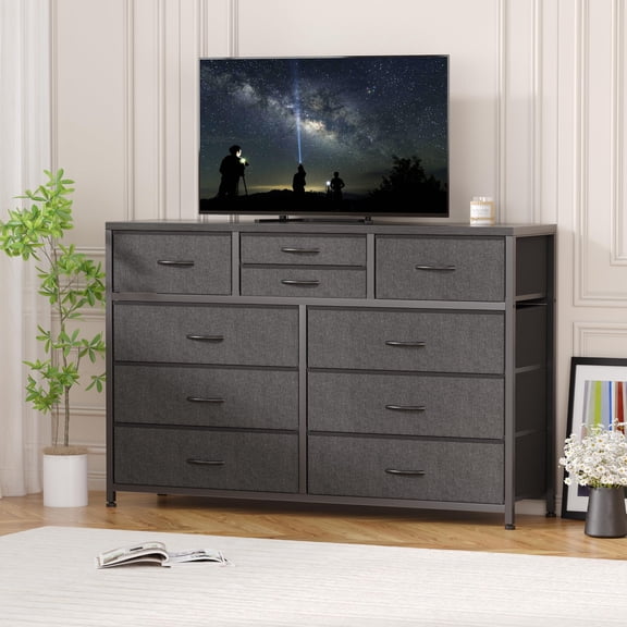Accreate TV Console Table Entertainment Center with 10 Fabric Drawers, Adjustable Feet TV Stand with Storage, Anti-Tip Kit Entertainment Unit for Living Room Bedroom
