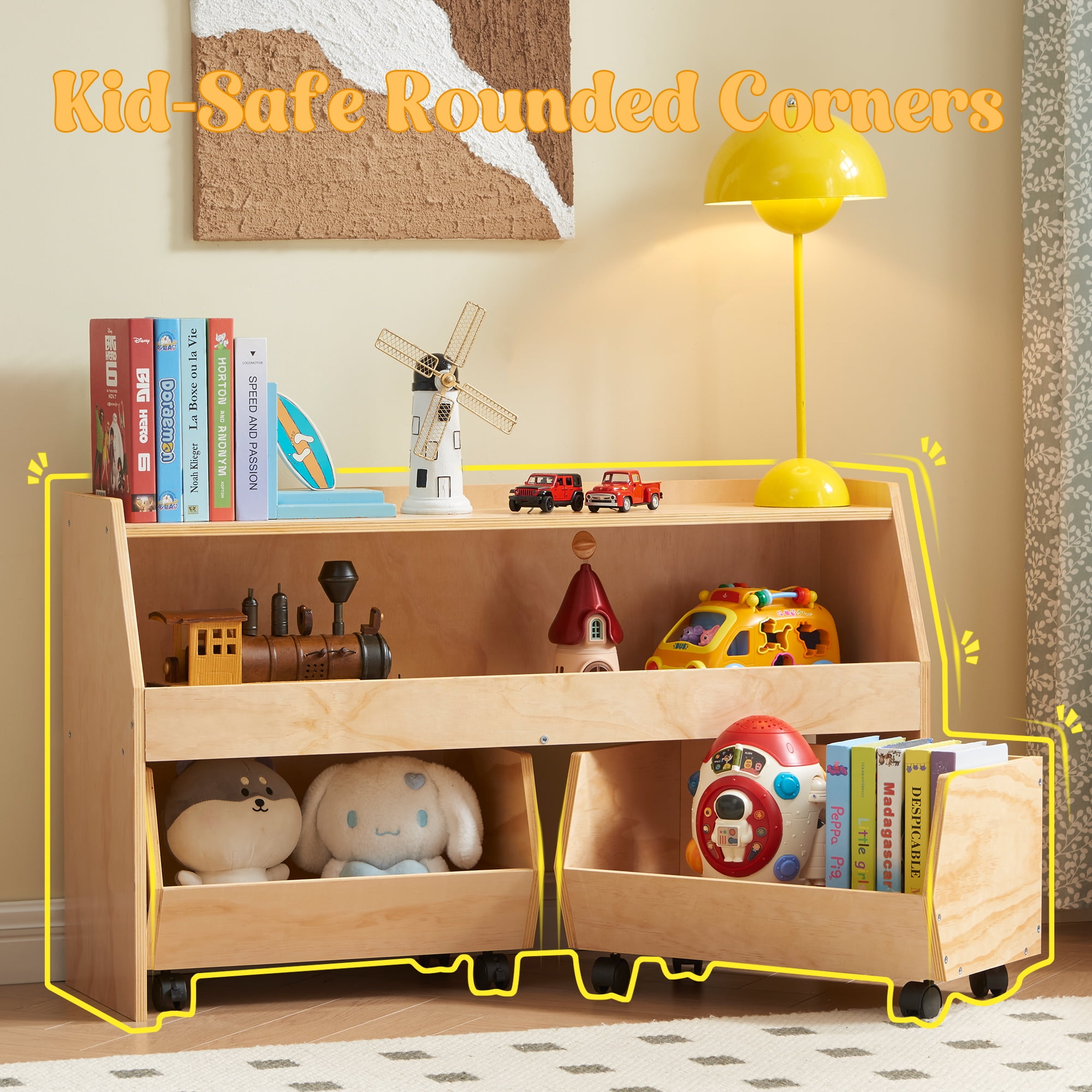 EHEY 3-in-1 Kids Toy Storage Organizer with 2 Pull-Out Drawers, 2-Tier Wooden Bookshelf with Wheels, 150LBS Capacity Montessori Shelf for Playroom, Nursery