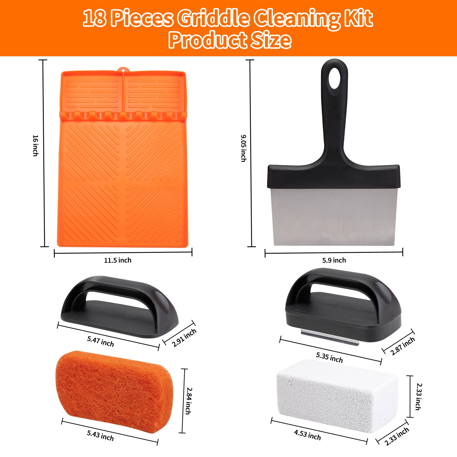 Griddle Cleaning Kit for Blackstone Accessories ,Heat-Resistant Silicone Spatula Mat with Hanger,Flat Top Grill Cleaning Kit Set with Grill Cleaner Stone Brick, Griddle Scraper&Scouring Pads(18 Pack)