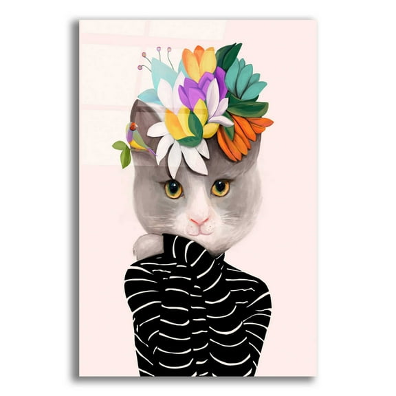 Epic Art 'Cat With Flowers and Finch' by Ioana Horvat, Acrylic Glass Wall Art, 16"x24"