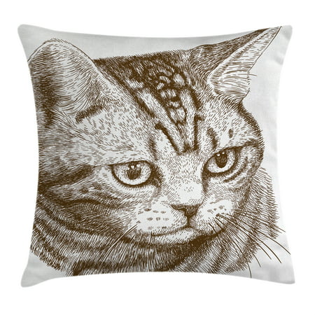 Cat Throw Pillow Cushion Cover, Portrait of a Kitty Domestic Animal Hipster Best Company Fluffy Pet Graphic Art, Decorative Square Accent Pillow Case, 18 X 18 Inches, Chocolate White, by