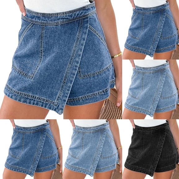 Women High Waisted Wrap Denim Shorts Casual Y2k Denim Cargo Jeasn Skort Cross Over Waist Asymmetrical Mini Shorts Casual Summer Jean Shorts Trendy Denim Clothes Black L